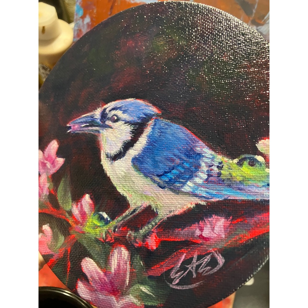 Original Blue Jay painting Friends Round Acrylic Bird Floral 2026 Artettina USA - Picture 5 of 8